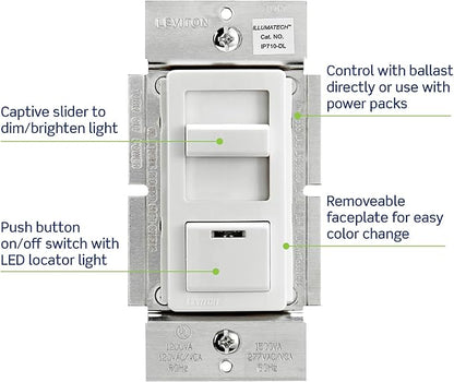 Leviton IllumaTech Dimmer Switch for 0-10V LED, Mark 7 Florescent Ballasts, wth LED Locator Light, IP710-DLZ, White with Ivory and Light Almond Faceplates