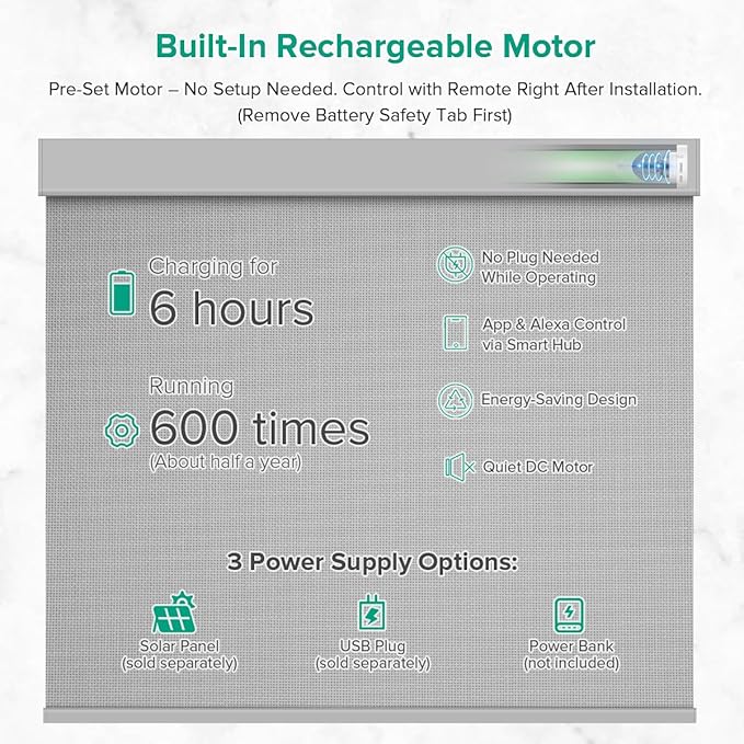 Motorized Roller Shades, Light Filtering Remote Control Custom Window Shades Compatible with Alexa Google Assistant via RF Hub, Rechargeable Electric Blinds for Windows (Fireproof Grey)