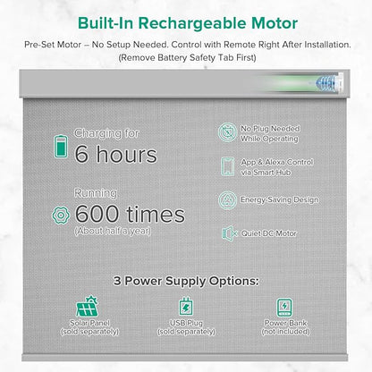 Motorized Roller Shades, Light Filtering Remote Control Custom Window Shades Compatible with Alexa Google Assistant via RF Hub, Rechargeable Electric Blinds for Windows (Fireproof Grey)