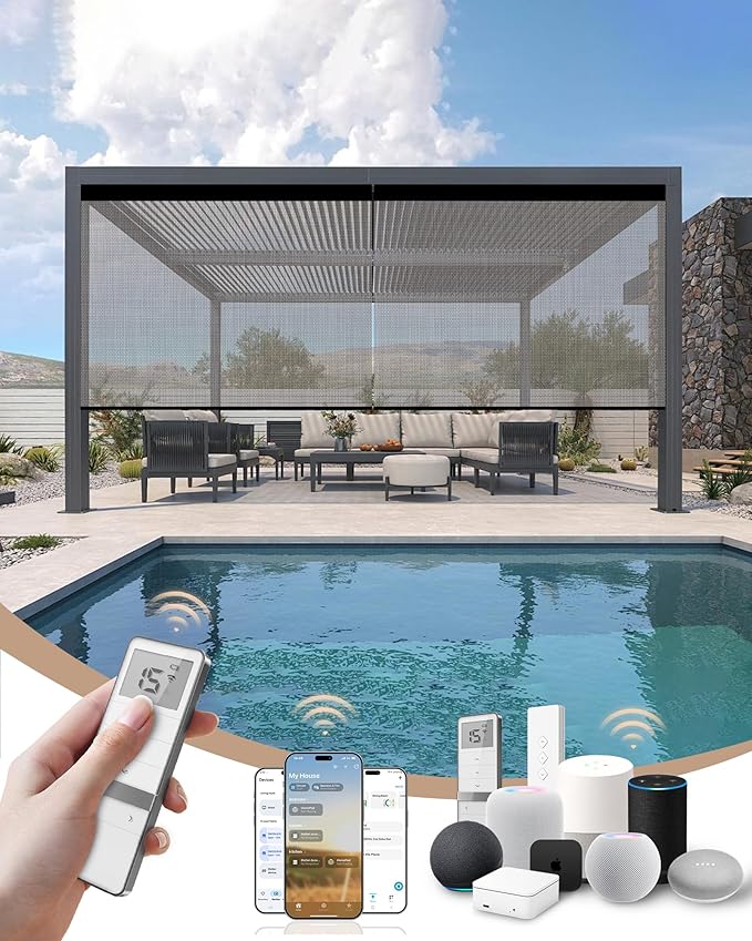 Kincmo Motorized Outdoor Shades for Patio Porch, Custom Outdoor Motorized Blinds with Remote, Waterproof & Windproof Patio Shades Work with Apple Homekit,Alexa,Google (5% Openness Texture White Grey)