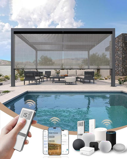 Kincmo Motorized Outdoor Shades for Patio Porch, Custom Outdoor Motorized Blinds with Remote, Waterproof & Windproof Patio Shades Work with Apple Homekit,Alexa,Google (5% Openness Texture White Grey)