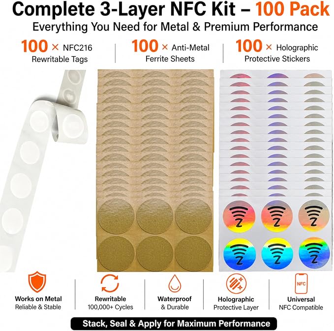 DAMILA NFC216 Tags – Programmable Rewritable NFC Stickers with Anti-Metal Layer & Holographic Cover, 888 Bytes Waterproof 1 Inch NFC Tag for Metal Surfaces, Smart Business Cards & Automation 100 Pack