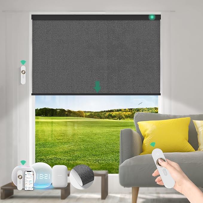 Motorized Blinds with Remote [100% Blackout & Silent Motor] Smart Blinds Compatible with Alexa Google HomeKit, Electric Roller Shades for Indoor Windows, Customized Size, Crossweave Charcoal