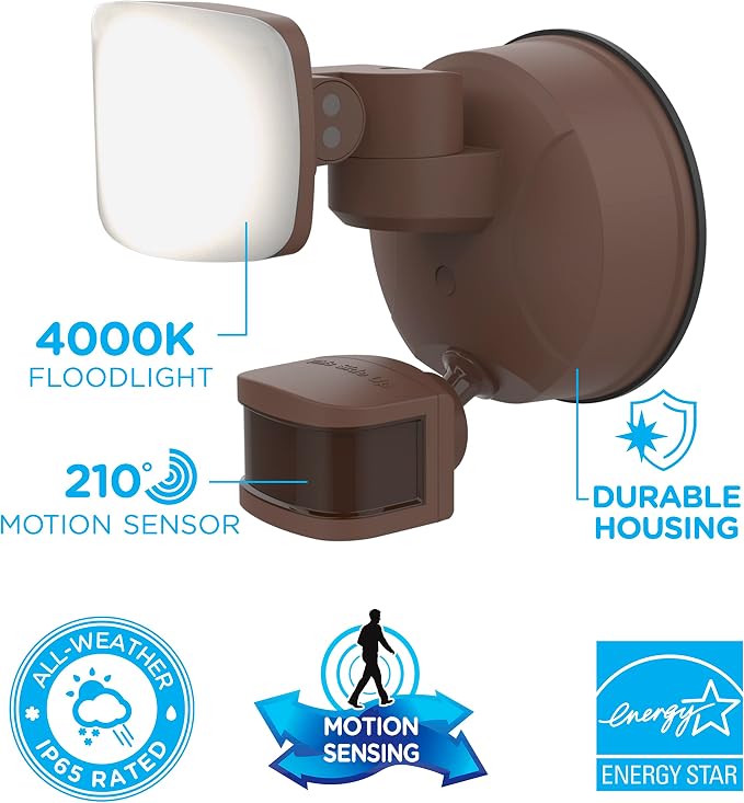 Enbrighten Vibe Smart LED Security Light, Motion Activated, Single Head | ETL Listed, UV Resistant, 1400 Lumens, 4000K, Works with Alexa, Google Home, Bronze, 58186