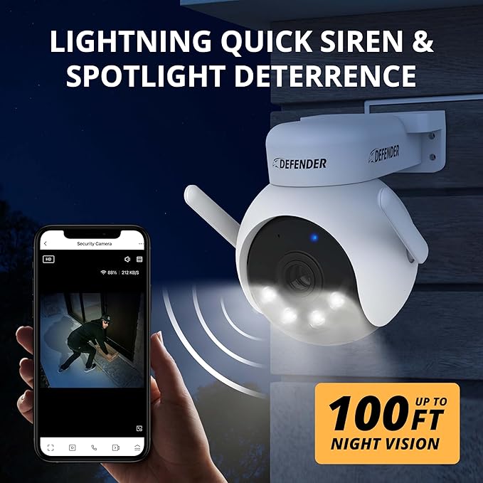 Defender AI Powered 4K Everwatch PTZ Plug in Outdoor Camera, AI Human/Vehicle Detection, WiFi 6/Bluetooth Wireless Camera, Color Night Vision, Deterrence, Mobile App, 2 Pack, Empower App