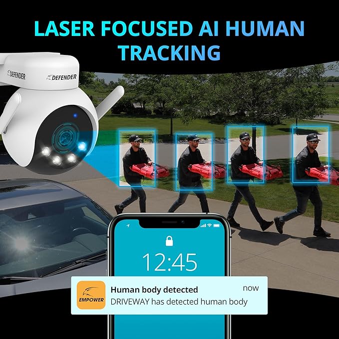 Defender AI Powered 4K Everwatch PTZ Plug in Outdoor Camera, AI Human/Vehicle Detection, WiFi 6/Bluetooth Wireless Camera, Color Night Vision, Deterrence, Mobile App, 4 Pack, Empower App