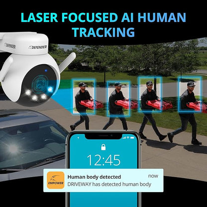 Defender AI Powered 4K Everwatch PTZ Plug in Outdoor Camera, AI Human/Vehicle Detection, WiFi 6/Bluetooth Wireless Camera, Color Night Vision, Deterrence, Mobile App, 2 Pack, Empower App