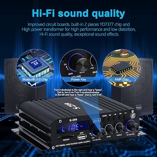 Audio Power Amplifier for Home Speakers -S-299 Bluetooth 5.0 Power Amp 4.1 Channel RMS 40Wx4 Subwoofer AMP DC 12V/5A Mini Integrated Digital Amplifier with USB/SD & AUX Jack
