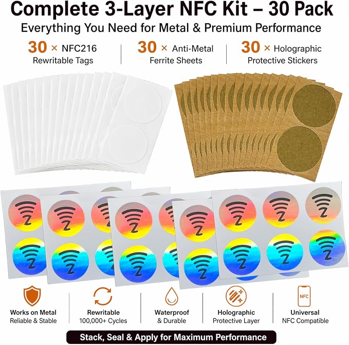 DAMILA NFC216 Tags – Programmable Rewritable NFC Stickers with Anti-Metal Layer & Holographic Cover, 888 Bytes Waterproof 1 Inch NFC Tag for Metal Surfaces, Smart Business Cards & Automation (30)