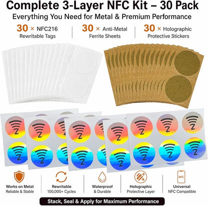 DAMILA NFC216 Tags – Programmable Rewritable NFC Stickers with Anti-Metal Layer & Holographic Cover, 888 Bytes Waterproof 1 Inch NFC Tag for Metal Surfaces, Smart Business Cards & Automation (30)