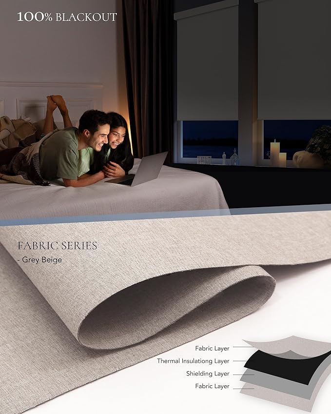 Motorized Blinds Compatible with Alexa Google Custom to 108" Width 100% Blackout Smart Blind Automatic Large Window Roller Shades Remote Control Fabric Grey Beige