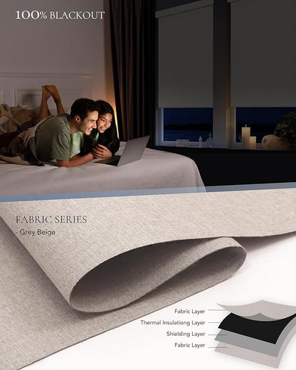 Motorized Blinds Compatible with Alexa Google Custom to 108" Width 100% Blackout Smart Blind Automatic Large Window Roller Shades Remote Control Fabric Grey Beige