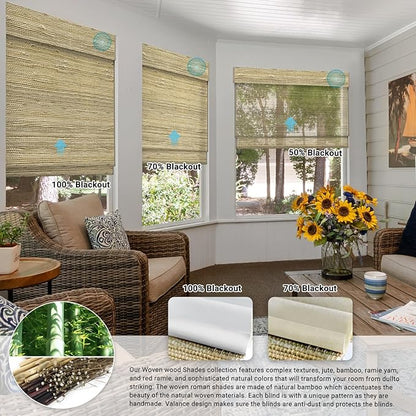 SmartWings Motorized Wood Blinds Smart Wooven Shades Blackout/Light fitlering for Windows, with Remote for Bedroom Living Room, Work with Matter Zigbee Alexa Z-Wave Google Home, Customized, Ramie 390