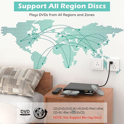 DVD Players for TV with HDMI,Plays All Regions and Formats,CD Players for Home,Support 1080P Video/CD/DVD/VCD/JPEG/USB, Remote, HDMI and RCA Cables Included (2026 New Model)