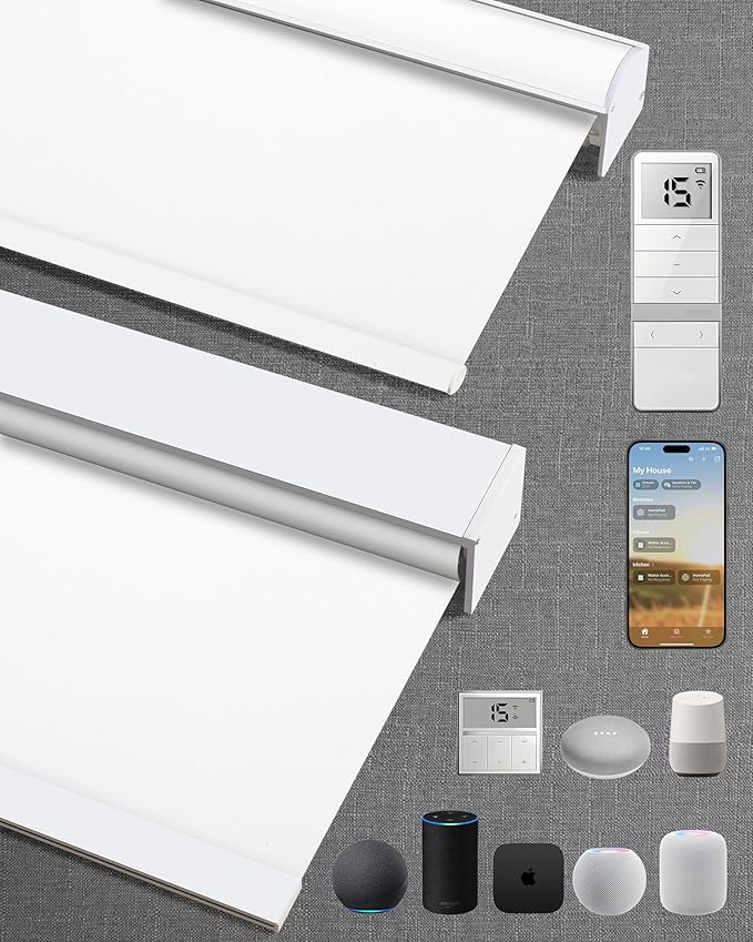 Motorized Blinds with Remote: Kincmo 100% Blackout Roller Shades Work with Apple Homekit,Alexa,Google Home, Customized Electric Blinds with App,Voice Control (100% Blackout Pure White)