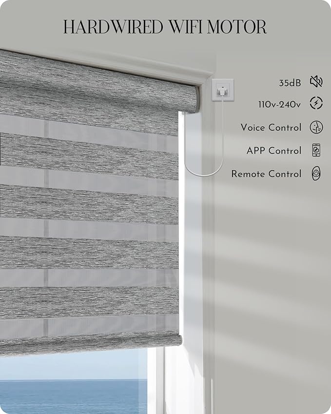 Graywind Motorized Zebra Blinds for Windows, Blackout Hardwired Smart Blinds with Remote Control, Dual Layer Custom Zebra Shades Work with Alexa, Google Home, Apple Homekit, Bay Fog
