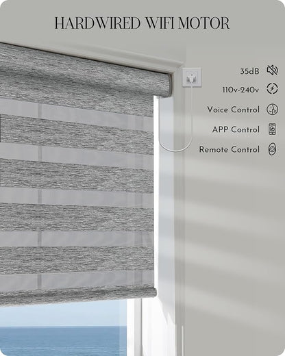 Graywind Motorized Zebra Blinds for Windows, Blackout Hardwired Smart Blinds with Remote Control, Dual Layer Custom Zebra Shades Work with Alexa, Google Home, Apple Homekit, Bay Fog
