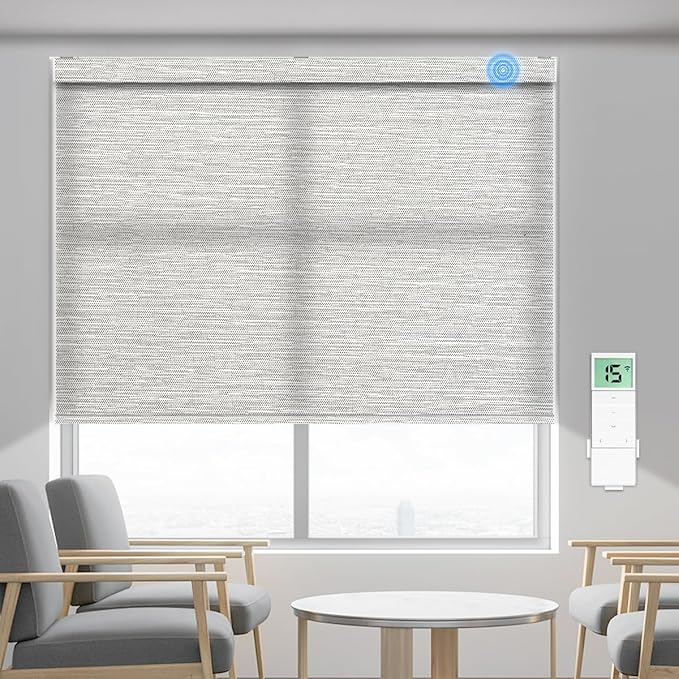 Tokblind Motorized Light Filtering Roller Shade Fabric Covered Valance and Bottom Rod, Remote Control Electric Window Blind Compatible with Alexa via Hub, Custom Size (Texture Grey - Wrapped Fabric)