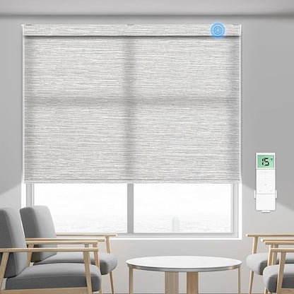 Tokblind Motorized Light Filtering Roller Shade Fabric Covered Valance and Bottom Rod, Remote Control Electric Window Blind Compatible with Alexa via Hub, Custom Size (Texture Grey - Wrapped Fabric)
