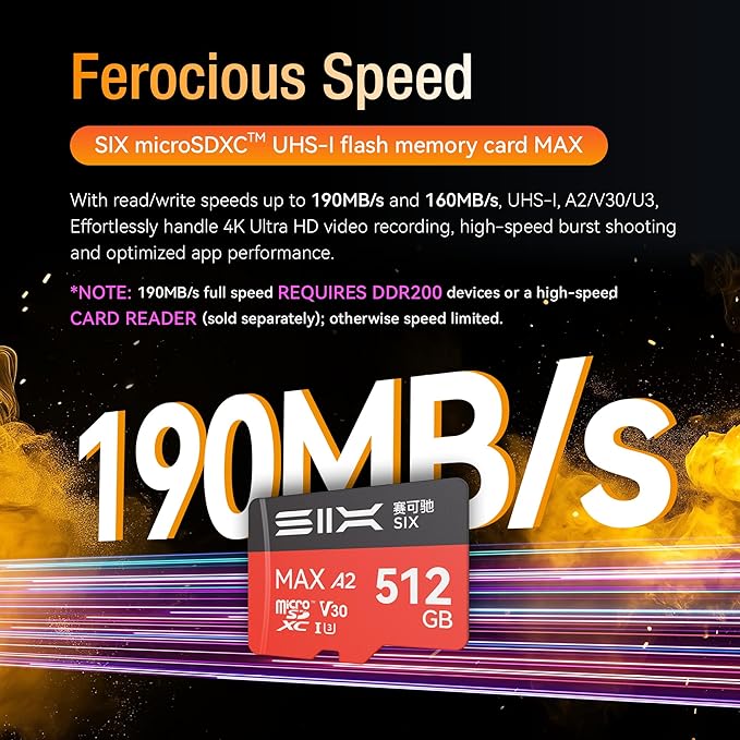 SIX M200 64GB Micro SD Card Read Up to 190MB/s for 4K UHD Continuous Recording - A2, U3, V30 microSDXC Memory Card 64GB with Adapter for Action Cameras, Drones, Gaming Consoles, Dash Cams, Phones