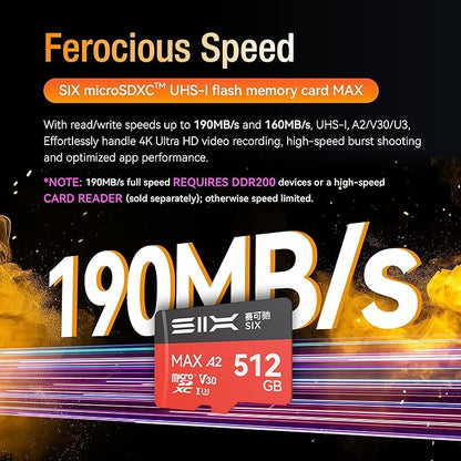 SIX M200 64GB Micro SD Card Read Up to 190MB/s for 4K UHD Continuous Recording - A2, U3, V30 microSDXC Memory Card 64GB with Adapter for Action Cameras, Drones, Gaming Consoles, Dash Cams, Phones