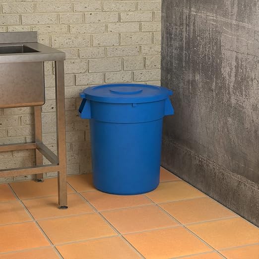 32 Gallon Blue Round Commercial Trash Can with Lid, Heavy-Duty Food Grade NSF Certified, Perfect for Restaurant, Office, School, Garage, Backyard, Workshop, Warehouse