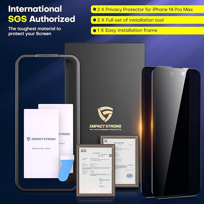ImpactStrong Anti-Spy Privacy Screen Protector for iPhone 14 Pro Max (6.7-Inch), 9H Tempered Glass, Shatter-Resistant, Anti-Scratch, Easy Install Kit, Case Friendly, 2-Pack