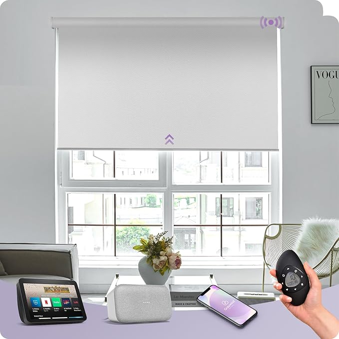 Graywind Motorized Roller Shade Work with Alexa Google 100% Blackout Rechargeable Smart Blinds Remote Control Battery Motor Cordless Window Shades, Customized Size (Bright White)