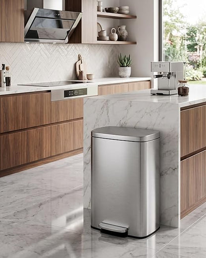 Garvee 13 Gal / 50 L Step-On Trash Can, Stainless Steel Kitchen Garbage Can with Soft Close Lid, Removable Inner Bucket & Rear Handle for Easy Transport