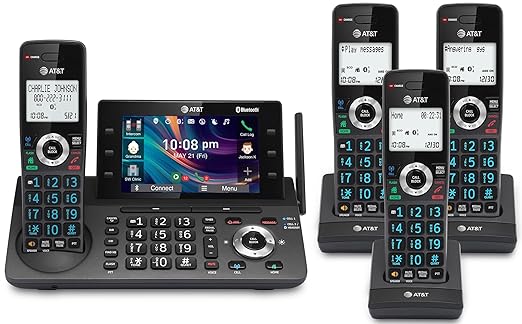 AT&T 4-Handset DECT 6.0 Cordless Home and Business Phone with Answering Machine, 5" Color Display, One-Touch Shortcut, Conference, Intercom, Smart Call Blocker, Bluetooth Connect to Cell: DLP73490