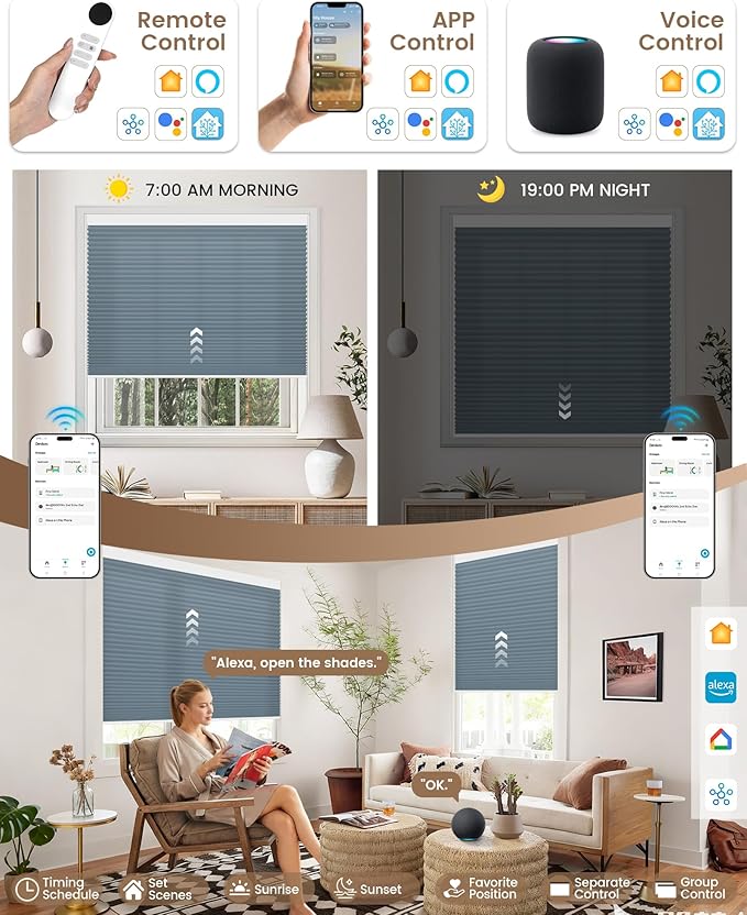 Kincmo Motorized Cellular Shades, Custom Motorized Blinds with Remote, Cordless Smart Electric Honeycomb Blinds Work with Apple HomeKit, Alexa, Google (75%-Blackout-Single-Cell Blue)