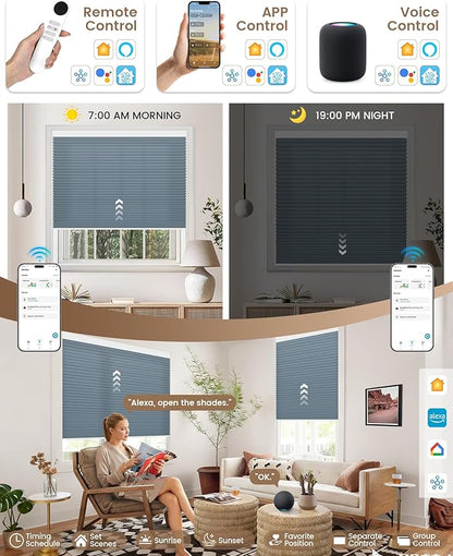 Kincmo Motorized Cellular Shades, Custom Motorized Blinds with Remote, Cordless Smart Electric Honeycomb Blinds Work with Apple HomeKit, Alexa, Google (75%-Blackout-Single-Cell Blue)