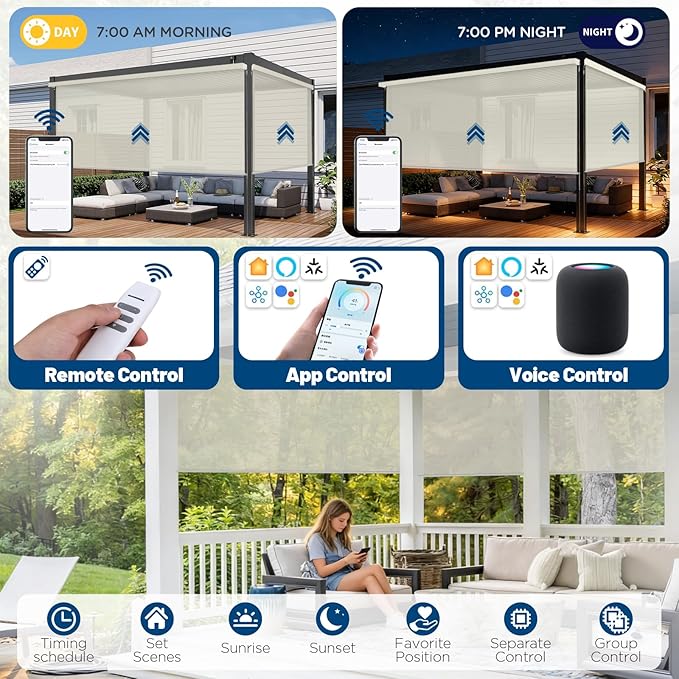 Motorized Outdoor Shades, Custom Patio Roller Blinds with Remote, Smart Exterior Sun Shades Compatible with Alexa, HomeKit, Google Home (3% Openness Beige)