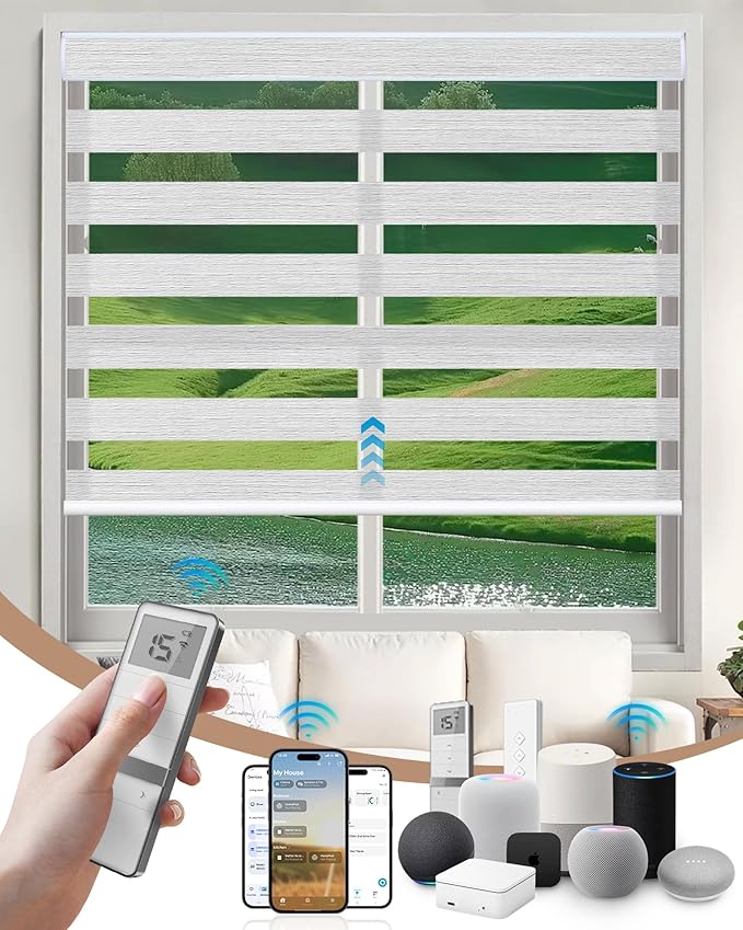 Kincmo Motorized Blinds with Remote, Motorized Zebra Shades Work with Apple Homekit,Alexa,Google Home, Customized Electric Blinds with Remote,App,Voice Control (70% Blackout Galaxy Light Grey)