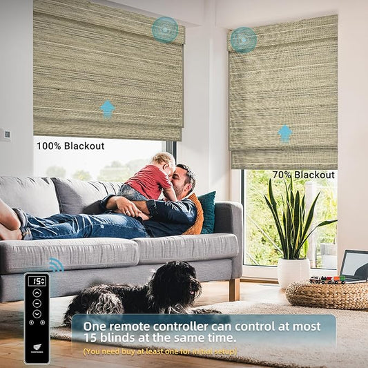 SmartWings Motorized Natural Woven Wood Shades for Windows Work with Matter Thread Homekit Z-Wave Alexa Google, 50%/70%/100% Blackout Electric Roman Shades Cordless with Remote, Customized, Kenaf 022