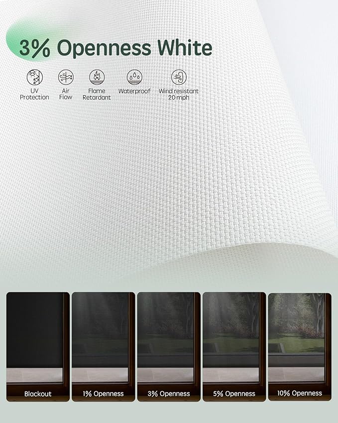 Yoolax Customized Motorized Outdoor Shades, Smart Blinds Compatible with Alexa Google, Remote Control Waterproof Blinds for Patio Porch Windows Outside (3% Openness White)