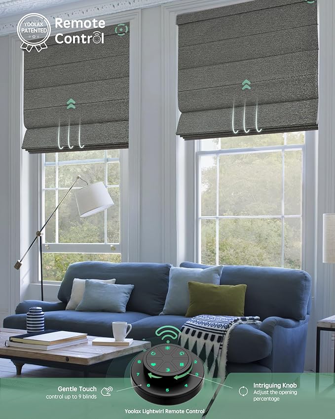 Yoolax Motorized Roman Shades with Remote, Smart Roman Shades for Windows, Blackout Automatic Blinds Work with Alexa, Google Home, Apple Homekit for Living Room Bedroom, Customized (Rock Stripe)