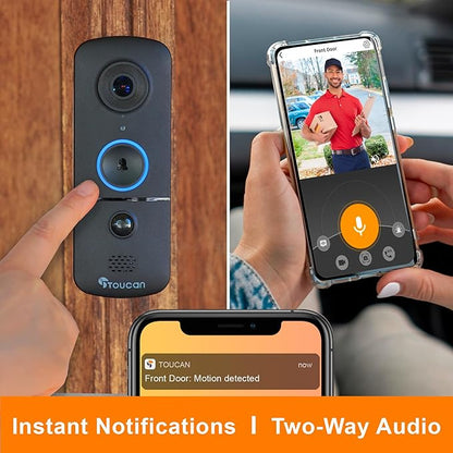 TOUCAN Wireless Video Doorbell Camera V3 with Chime – Battery Powered Smart Doorbell, HD Video, Motion Detection Alerts, 2-Way Talk, Night Vision, Wide Angle Security Camera, No Subscription Required