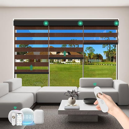 Motorized Zebra Blinds with Remote [Dual Layer + Light Filtering] 60% Blackout Smart Shades for Indoor Windows, Alexa Google and HomeKit Compatible, Customized Size, Woven Violet