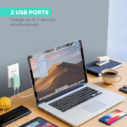 iHome Slim 2-Port USB Wall Charger, Flat Multiport Travel Plug Adapter | Dual USB-A ports, 2.4A Rapid Charge, Foldable Prongs, Slim Design, Compatible with iPhone, Android, iPad, AirPods for Home