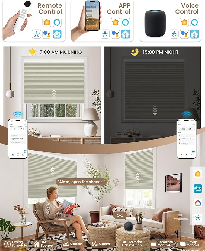 Kincmo Motorized Cellular Shades, Custom Motorized Blinds with Remote, Cordless Smart Electric Honeycomb Blinds Work with Apple HomeKit, Alexa, Google (100%-Blackout-Single-Cell Beige)