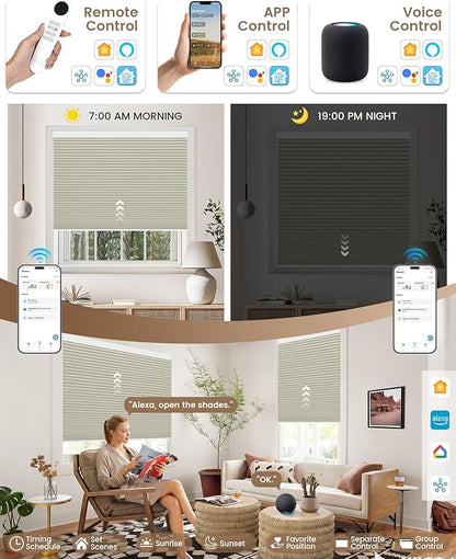 Kincmo Motorized Cellular Shades, Custom Motorized Blinds with Remote, Cordless Smart Electric Honeycomb Blinds Work with Apple HomeKit, Alexa, Google (100%-Blackout-Single-Cell Beige)