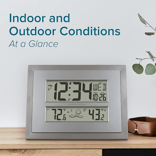 La Crosse Technology 512-85937 Gray Atomic Digital Clock with Temperature | Color: Gray/Silver, Forecast, Atomic Time, DST reset, Crescendo Alarm, Wireless 330ft range transmits Outdoor temperature