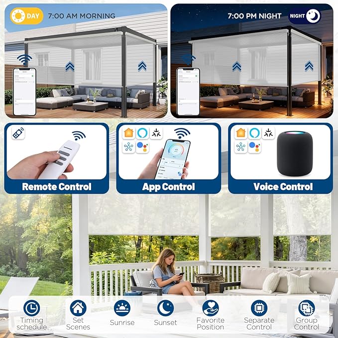 Motorized Outdoor Shades, Custom Patio Roller Blinds with Remote, Smart Exterior Sun Shades Compatible with Alexa, HomeKit, Google Home (5% Openness Sliver)