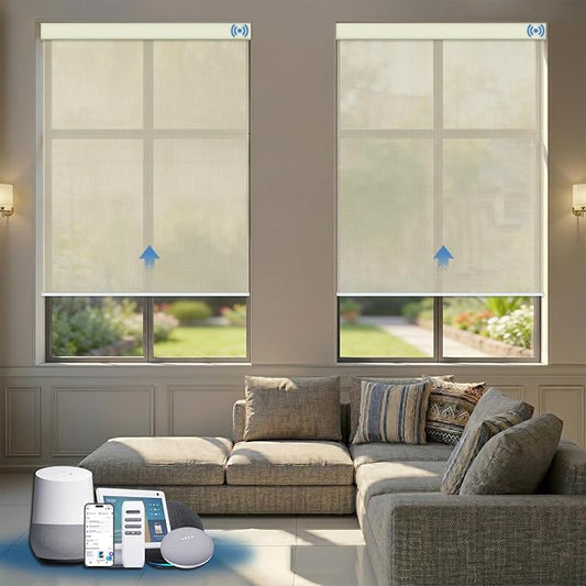 Motorized Solar Shades, Light Filtering Smart Blinds for Windows Automatic Blinds Compatible with Alexa, Falme Resistant Roller Shades Customized for Office Living Room (3% Openness Beige)