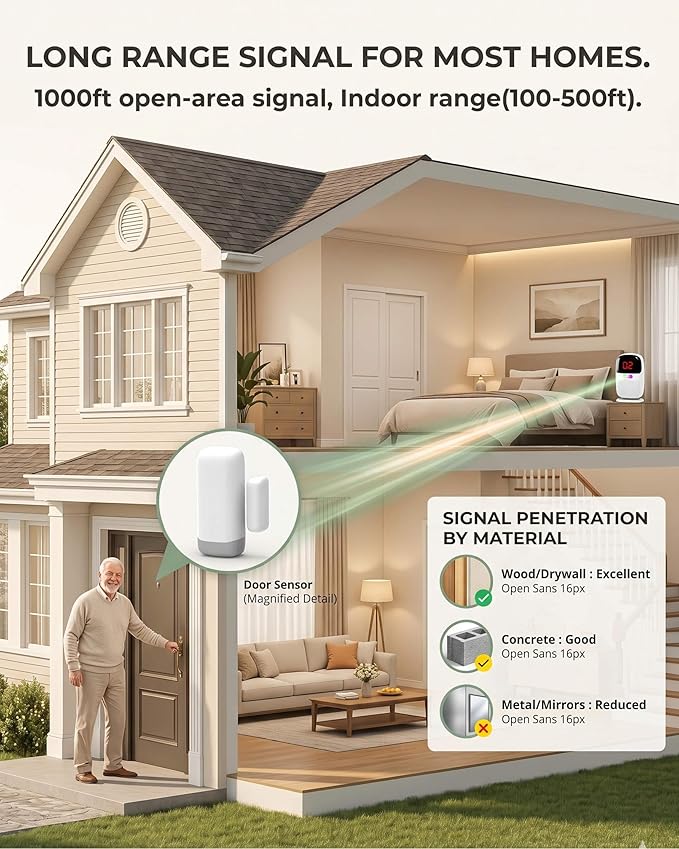 PILSAMAS Rechargeable Caregiver Pager & Door Alarm when Opened for Dementia Wandering Seniors, 1000ft Range Door Sensor Chime with Portable LED ID Receiver, Vibrate, No Monthly Fee, for Elderly & Kids
