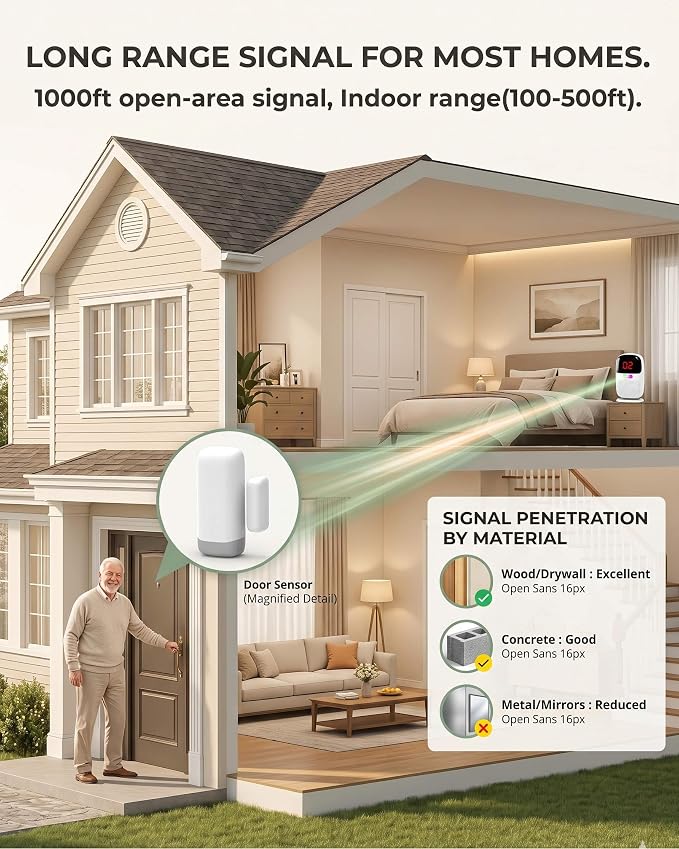 PILSAMAS Rechargeable Whole House Door Alarm System for Wandering Seniors | 1 Receiver 4 sensors, Full rechargeable, 1000ft range, Portable LED ID receiver, Vibrate, No monthly fee, For elderly & kids