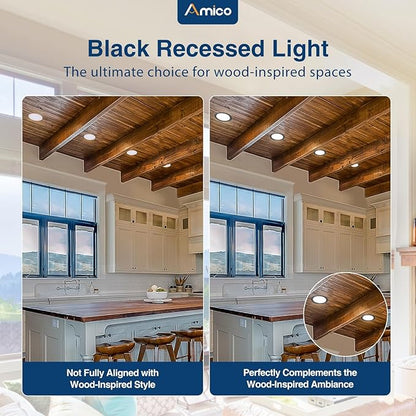 Amico 4 Pack 6 Inch Black 5CCT Ultra-Thin LED Recessed Light with Junction Box, 2700K/3000K/3500K/4000K/5000K Selectable, 12W Eqv 110W 1050LM Dimmable Canless Wafer Downlight, ETL & FCC