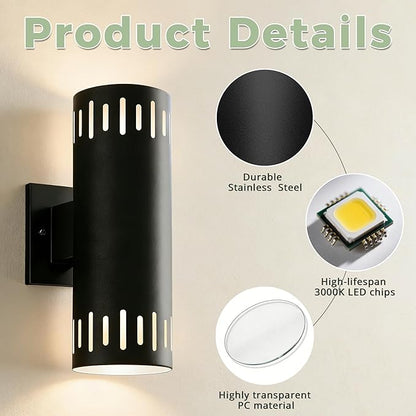 Modern Outdoor Wall Lights, 12'' Up and Down LED Cylinder Wall Mount Fixture, 23W 3000K Warm White IP65Waterproof Exterior Wall Sconces for Porch, House, Garage, Patio, Black