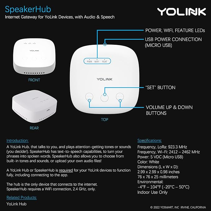 YoLink SpeakerHub - Smart Home Speaker Hub, Plays Tones/Alarms and Your Text-to-Speech Custom Messages, Voice Announcements, Audio Voice Alert, Spoken Alerts, LoRa-Powered ¼ Mile Range, WiFi Required